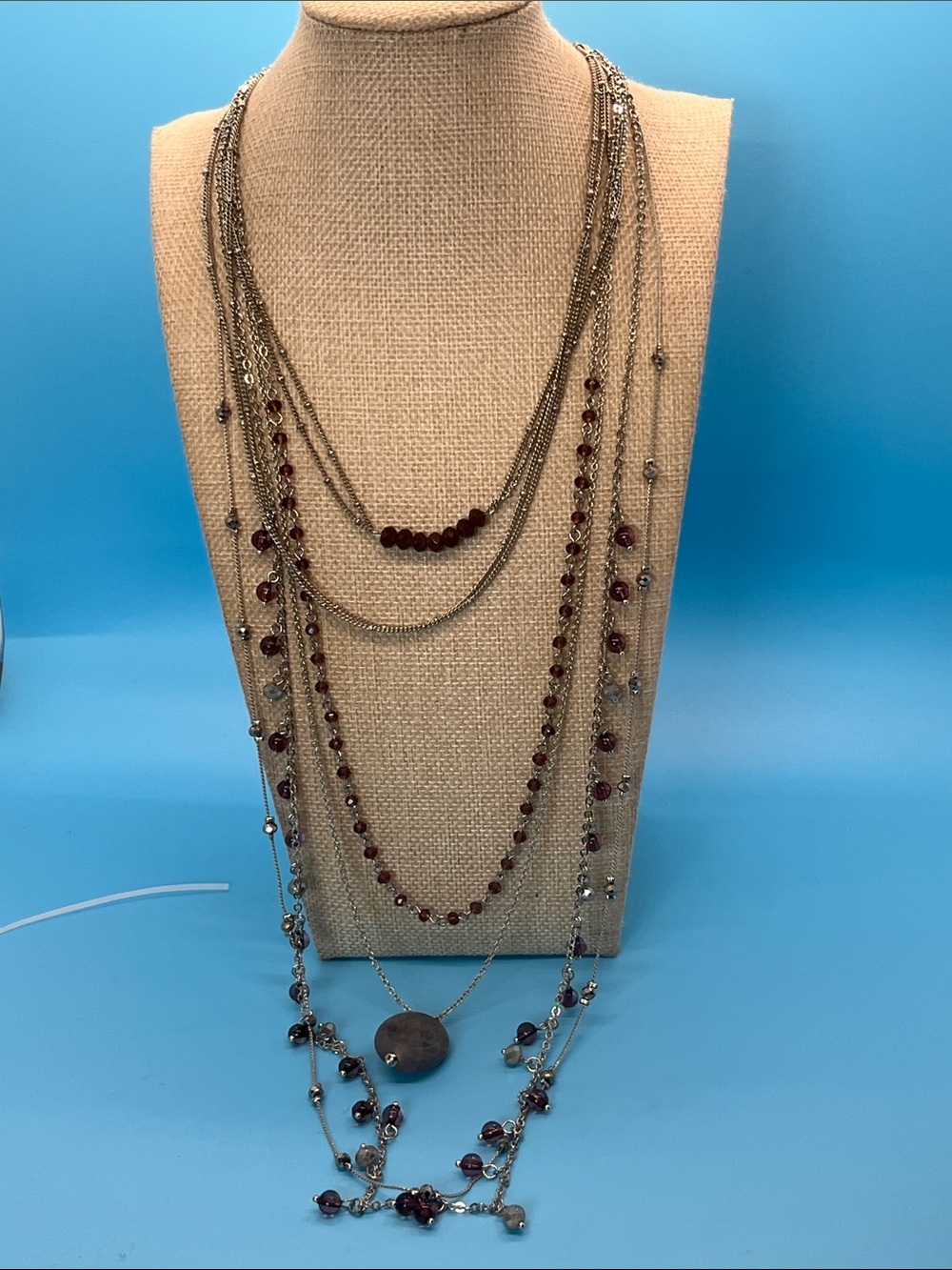 #0267 Layered Garnet Bead Necklace with Silver-Tone Chains - Women Jewelry